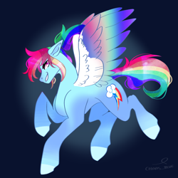 Size: 2048x2048 | Tagged: safe, artist:cha0sblue, imported from derpibooru, rainbow dash, pegasus, pony, backwards cutie mark, colored wings, colored wingtips, floppy ears, gradient wings, grin, looking at you, multicolored wings, rainbow wings, smiling, smiling at you, smirk, solo, spread wings, wings