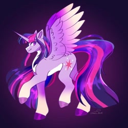 Size: 750x750 | Tagged: safe, artist:cha0sblue, imported from derpibooru, twilight sparkle, alicorn, pony, butt, coat markings, colored hooves, colored wings, gradient wings, looking at you, plot, smiling, smiling at you, socks (coat markings), solo, spread wings, twilight sparkle (alicorn), wings