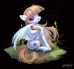 Size: 2048x1907 | Tagged: safe, artist:paipaishuaige, imported from derpibooru, oc, oc only, pegasus, pony, black background, chest fluff, ear fluff, female, grass, looking at you, reeds, simple background, sitting, smiling, smiling at you, solo, spread wings, unshorn fetlocks, watermark, wings