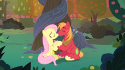 Size: 1920x1080 | Tagged: safe, anonymous editor, edit, edited screencap, imported from derpibooru, screencap, big macintosh, fluttershy, earth pony, pegasus, pony, the big mac question, alternate scenario, apple, apple tree, character swap, duo, eyes closed, female, fluttermac, holding hooves, intertwined trees, jewelry, kiss on the lips, kissing, male, mare, necklace, pear tree, shipping, stallion, straight, tree