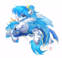 Size: 2048x1910 | Tagged: safe, artist:paipaishuaige, imported from derpibooru, oc, oc only, pegasus, pony, clothes, colored wings, colored wingtips, crescent moon, female, moon, simple background, solo, sword, traditional art, uniform, unshorn fetlocks, watermark, weapon, white background, wings