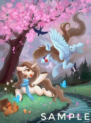 Size: 1516x2048 | Tagged: safe, artist:paipaishuaige, imported from derpibooru, oc, oc only, bird, butterfly, pegasus, pony, squirrel, unicorn, basket, cherry blossoms, chest fluff, clothes, female, flower, flower blossom, flying, food, forest, holiday, lesbian, lying down, mountain, mountain range, obtrusive watermark, oc x oc, picnic basket, prone, river, rose, scarf, shipping, stream, unshorn fetlocks, valentine's day, water, watermark