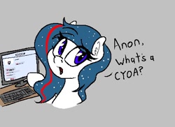 Size: 470x342 | Tagged: safe, artist:seafooddinner, imported from derpibooru, oc, oc only, oc:nasapone, earth pony, pony, /mlp/, 4chan, aggie.io, computer, cyoa, dialogue, ear fluff, earth pony oc, eye clipping through hair, eyebrows, eyebrows visible through hair, female, gray background, implied anon, keyboard, mare, monitor, open mouth, simple background, solo, talking