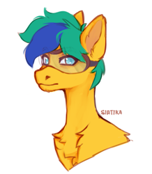 Size: 1013x1162 | Tagged: safe, artist:siatikas, imported from derpibooru, oc, oc only, oc:artell, earth pony, pony, chest fluff, cute, earth pony oc, glasses, goggles, high res, male, safety goggles, simple background, solo, stallion, white background