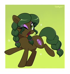 Size: 1924x2048 | Tagged: safe, artist:darkynez, imported from derpibooru, oc, oc only, oc:hyacinth, earth pony, pony, female, green background, high res, looking at you, mare, one eye closed, open mouth, passepartout, raised hoof, simple background, smiling, smiling at you, solo, wink, winking at you
