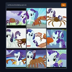 Size: 900x900 | Tagged: safe, imported from derpibooru, rarity, crab, giant crab, pony, unicorn, ai content, ai generated, female, generator:craiyon, machine learning abomination, mare, rarity fighting a giant crab, wat