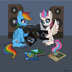 Size: 2000x2000 | Tagged: safe, artist:asimos, imported from derpibooru, rainbow dash, zipp storm, pegasus, pony, abbey road, british steel, choker, duo, ear piercing, g4, g5, hard rock, heavy metal, judas priest, led zeppelin, my little pony: a new generation, nevermind, nirvana, piercing, pink floyd, record, record player, rock (music), speaker, spiked choker, the beatles, the dark side of the moon, vinyl disc