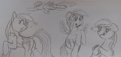 Size: 3656x1728 | Tagged: safe, imported from derpibooru, rainbow dash, pegasus, pony, blushing, butt, cute, flying, heart, hoof hold, monochrome, plot, sketch, smiling, traditional art