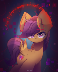 Size: 1900x2350 | Tagged: safe, artist:miryelis, imported from derpibooru, scootaloo, pegasus, pony, cutie mark crusaders, female, horns, looking at you, short hair, signature, simple background, solo, text, wings