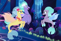 Size: 1024x688 | Tagged: safe, artist:starvelvetyt, imported from derpibooru, princess skystar, seaspray, oc, oc:navy, seapony (g4), my little pony: the movie, base used, coral, dorsal fin, fin wings, fins, fish tail, flower, flower in hair, flowing tail, freckles, jewelry, necklace, ocean, open mouth, parent:princess skystar, parent:seaspray, parents:skyspray, pearl necklace, seaquestria, seaweed, skyspray, smiling, tail, underwater, water, wings