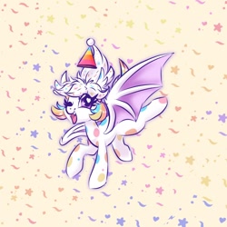 Size: 800x800 | Tagged: safe, artist:jen-neigh, imported from derpibooru, oc, oc only, oc:confetti cupcake, bat pony, pony, abstract background, bat pony oc, confetti, cute, falling, female, hat, mare, party hat, polka dots, solo