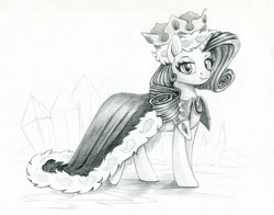 Size: 1500x1178 | Tagged: safe, artist:maytee, imported from derpibooru, princess platinum, rarity, pony, unicorn, cape, clothes, costume, crown, jewelry, monochrome, regalia, solo, traditional art