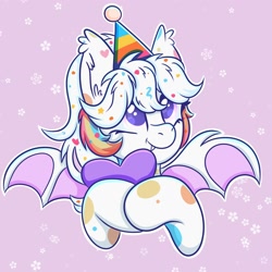 Size: 2000x2000 | Tagged: safe, artist:splashofsweet, imported from derpibooru, oc, oc only, oc:confetti cupcake, bat pony, pony, abstract background, bat pony oc, bust, cute, cute little fangs, fangs, female, happy, hat, heart, holding, looking up, mare, ocbetes, party hat, smiling, solo