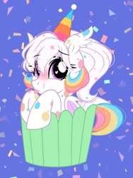 Size: 1541x2048 | Tagged: safe, artist:emberslament, imported from derpibooru, oc, oc:confetti cupcake, bat pony, pony, :p, bat pony oc, blushing, confetti, cupcake, cute, female, food, hat, mare, party hat, peeking, polka dots, simple background, solo, tongue out
