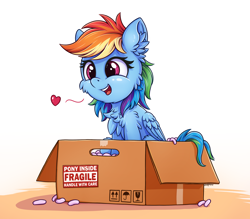 Size: 2500x2192 | Tagged: safe, artist:zeepheru_pone, imported from derpibooru, rainbow dash, pegasus, pony, box, cheek fluff, chest fluff, cute, dashabetes, ear fluff, female, fluffy, folded wings, heart, high res, mare, packing peanuts, pony in a box, signature, simple background, sitting, smiling, solo, tail, wings