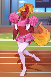 Size: 3000x4500 | Tagged: safe, artist:kuroran, imported from derpibooru, oc, oc only, oc:moonatik, anthro, pegasus, belly button, cheerleader, clothes, crossdressing, eyeshadow, femboy, makeup, male, not big macintosh, open mouth, pom pom, skirt, solo, sports bra, sports skirt, stockings, thigh highs