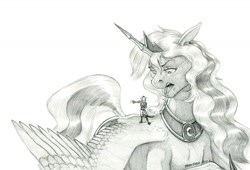 Size: 1280x868 | Tagged: safe, artist:baron engel, imported from derpibooru, princess luna, alicorn, anthro, mouse, pony, furry, grayscale, monochrome, open mouth, pencil drawing, story in the source, story included, traditional art