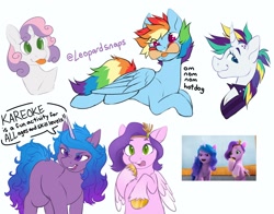 Size: 1200x940 | Tagged: safe, artist:leopardsnaps, imported from derpibooru, screencap, izzy moonbow, pipp petals, rainbow dash, rarity, sweetie belle, pegasus, pony, unicorn, spoiler:my little pony: make your mark, :p, alternate hairstyle, food, g5, gasp, hot dog, meat, my little pony: make your mark, my little pony: make your mark chapter 1, nom, ponies eating meat, punk, raripunk, sausage, scene interpretation, screencap reference, simple background, tongue out, white background