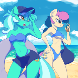 Size: 1512x1512 | Tagged: safe, artist:fajeh, imported from derpibooru, bon bon, lyra heartstrings, sweetie drops, anthro, earth pony, unicorn, armpits, bag, baseball cap, beach, belly button, bikini, blushing, breasts, cap, cellphone, clothes, cloud, collarbone, dated, duo, duo female, ear fluff, female, hand on hip, handbag, hat, high-cut clothing, horn, inflatable, inner tube, ocean, open mouth, phone, ponytail, reasonably sized breasts, shorts, signature, smiling, stupid sexy bon bon, stupid sexy lyra, swimsuit, tail, underboob, water