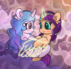 Size: 2048x1985 | Tagged: safe, artist:limitmj, imported from derpibooru, izzy moonbow, sunny starscout, alicorn, earth pony, pony, unicorn, blushing, cloud, female, g5, hug, izzyscout, lesbian, pride, pride month, race swap, shipping, sunnycorn, winghug, wings