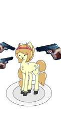 Size: 1080x2220 | Tagged: safe, artist:sodapop sprays, imported from derpibooru, oc, unnamed oc, earth pony, pony, bubble, chest fluff, clothes, drool, female, gun, hand, handgun, headband, mare, pistol, plate, shoes, simple background, solo, tongue out, transparent background, weapon