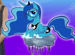 Size: 691x509 | Tagged: safe, imported from derpibooru, princess luna, alicorn, pony, clothes, cloud, crossover, crown, female, flower, glasses, horn, inside out, jewelry, lying down, lying on a cloud, mare, moon, on a cloud, prone, raincloud, regalia, sad, sadness (inside out), shoes, sparkles, wings, youtube link