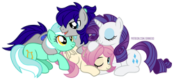 Size: 1200x555 | Tagged: safe, artist:jennieoo, imported from derpibooru, lyra heartstrings, rarity, oc, oc:gentle star, oc:maverick, earth pony, pegasus, pony, unicorn, canon x oc, cuddling, cute, group hug, happy, hug, ocbetes, polyamory, show accurate, simple background, sleeping, smiling, transparent background, vector