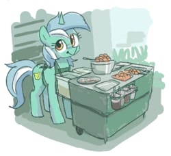 Size: 720x656 | Tagged: safe, artist:plunger, imported from derpibooru, lyra heartstrings, pony, unicorn, apron, clothes, cropped, female, food, mare, smiling, solo, vendor, vendor stall