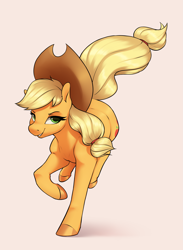 Size: 3141x4296 | Tagged: safe, artist:aquaticvibes, imported from derpibooru, applejack, earth pony, pony, applejack's hat, beige background, cowboy hat, female, hat, mare, running, simple background, smiling, solo, tail, windswept tail