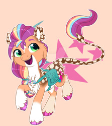 Size: 1280x1432 | Tagged: safe, artist:malinraf1615, imported from derpibooru, sunny starscout, earth pony, pony, alternate design, bag, chest fluff, chibi, cutie mark background, deviantart watermark, g5, obtrusive watermark, open mouth, saddle bag, solo, watermark