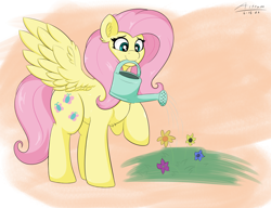 Size: 3000x2300 | Tagged: safe, artist:astrum, imported from derpibooru, fluttershy, pegasus, pony, chest fluff, cute, digital art, eyebrows, female, flower, grass, high res, looking at something, looking down, mare, mouth hold, raised hoof, shyabetes, signature, smiling, solo, spread wings, watering, watering can, wings