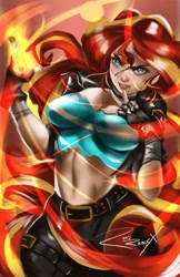 Size: 581x896 | Tagged: safe, artist:bunsogen, imported from derpibooru, sunset shimmer, human, equestria girls, belt, breasts, busty sunset shimmer, cleavage, clothes, fiery shimmer, fingerless gloves, fire, gloves, midriff, signature, trace, variant