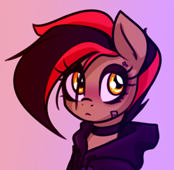 Size: 980x956 | Tagged: safe, artist:jetwave, imported from derpibooru, oc, oc only, oc:dala vault, earth pony, semi-anthro, bandaid, bust, choker, clothes, earth pony oc, eyeshadow, female, frown, gradient background, hoodie, looking at you, makeup, mare, solo