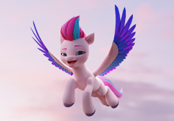 Size: 1920x1340 | Tagged: safe, artist:luminousdazzle, imported from derpibooru, zipp storm, pegasus, pony, 3d, 3d model, blender, blender cycles, colored wings, flying, g5, looking at you, multicolored hair, multicolored wings, render, sky, smiling, smug, wings