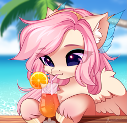 Size: 1171x1136 | Tagged: safe, artist:airiniblock, imported from derpibooru, oc, oc only, oc:marshmallow cloud, pegasus, pony, alcohol, beach, chest fluff, cocktail, drink, drinking, drinking straw, ear fluff, food, icon, ocean, orange, pegasus oc, rcf community, solo, water