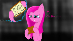 Size: 960x540 | Tagged: artist needed, source needed, useless source url, safe, imported from derpibooru, pinkie pie, earth pony, pony, crying, dialogue, female, heart, mare, note, pinkamena diane pie, sad, text