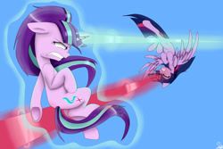 Size: 2725x1822 | Tagged: safe, artist:pinkamena2000, imported from derpibooru, starlight glimmer, twilight sparkle, alicorn, pony, unicorn, the cutie re-mark, angry, beam, blast, duo, duo female, female, flying, frown, glowing, glowing horn, gritted teeth, high res, horn, levitation, magic, magic aura, magic blast, mare, scene interpretation, self-levitation, signature, sky, spread wings, teeth, telekinesis, twilight sparkle (alicorn), wings