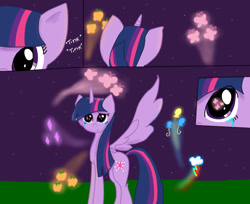 Size: 662x539 | Tagged: artist needed, source needed, useless source url, safe, imported from derpibooru, twilight sparkle, alicorn, pony, crying, female, horn, mare, night, onomatopoeia, smiling, sound effects, spread wings, stars, tears of joy, twilight sparkle (alicorn), wings