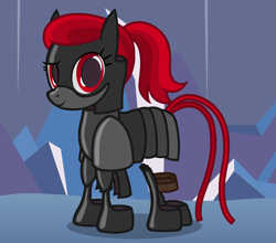 Size: 2604x2294 | Tagged: safe, artist:badumsquish, derpibooru exclusive, imported from derpibooru, oc, oc only, unnamed oc, armor pony, object pony, original species, pony, armor, black armor, dreamworks face, female, high res, living armor, living clothes, looking at you, male, mare, ponified, red and black oc, red eyes, show accurate, smiling, smiling at you, smirk, solo, tail, tail wrap