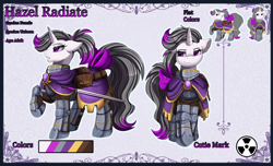 Size: 4152x2529 | Tagged: safe, artist:pridark, imported from derpibooru, oc, oc only, oc:hazel radiate, pony, unicorn, amulet, armor, bag, bow, cloak, clothes, commissioner:biohazard, cutie mark, ear fluff, eyebrows, eyelashes, female, floppy ears, front view, gritted teeth, high res, highlights, horn, jewelry, looking at you, looking sideways, mare, ponytail, purple eyes, raised hoof, reference sheet, saddle bag, side view, simple background, smiling, smug, solo, sword, tail, tail bow, teeth, unicorn oc, weapon, white background
