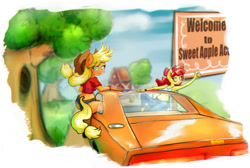 Size: 1730x1162 | Tagged: safe, artist:mistleinn, imported from derpibooru, apple bloom, applejack, anthro, ass, belly button, butt, car, clothes, crossover, daisy dukes, dodge charger, dukes of hazzard, duo, female, general lee, hat, jeans, midriff, pants, shorts, siblings, sisters, sitting, tanktop