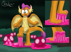 Size: 1187x875 | Tagged: safe, artist:onimagmachan, imported from derpibooru, smolder, dragon, berry, bubblegum, chewing gum, claws, cute, feet, female, fetish, food, foot fetish, forest, fruit, gum, legs, pictures of legs, puddle, solo, sticky, stuck, tail, toes, trapped, tree, underfoot