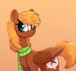 Size: 1948x1807 | Tagged: safe, artist:_alixxie_, imported from derpibooru, oc, oc only, pegasus, pony, blaze (coat marking), chest fluff, clothes, coat markings, eye clipping through hair, eyebrows, eyebrows visible through hair, eyelashes, facial markings, female, folded wings, freckles, mare, orange background, pegasus oc, scarf, signature, simple background, smiling, solo, wings