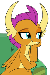 Size: 1315x1981 | Tagged: safe, artist:frownfactory, imported from derpibooru, smolder, dragon, student counsel, couch, cute, dragoness, female, horns, scene interpretation, simple background, sitting, smiling, smolderbetes, solo, transparent background, wings