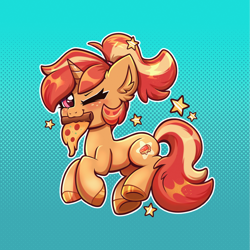 Size: 1280x1280 | Tagged: safe, artist:confetticakez, imported from derpibooru, oc, oc only, oc:deep dish, food pony, pony, unicorn, blue background, blushing, chibi, convention art, female, food, gradient background, looking at you, mare, mascot, meat, mouth hold, one eye closed, pepperoni, pepperoni pizza, pillow, pizza, ponified, simple background, solo, stars, whinny city pony con