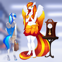 Size: 1200x1200 | Tagged: safe, artist:scarlet-spectrum, imported from derpibooru, oc, oc only, oc:diamond sun, oc:hawker hurricane, anthro, pegasus, unguligrade anthro, bag, belly button, breasts, clock, clothes, colored wings, commission, female, grandfather clock, hawkmond, male, mare, sarong, shopping bag, size difference, stallion, unshorn fetlocks, wings