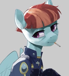 Size: 739x811 | Tagged: safe, artist:cadillac-dynamite, imported from derpibooru, windy whistles, pegasus, pony, equestria at war mod, alternate timeline, bust, cigarette, clothes, crystal war timeline, female, gray background, lidded eyes, looking sideways, military, military uniform, missing freckles, simple background, solo, tired, uniform, wings