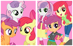 Size: 440x280 | Tagged: safe, imported from derpibooru, apple bloom, scootaloo, sweetie belle, earth pony, human, pegasus, pony, unicorn, equestria girls, apple bloom's bow, bow, cutie mark crusaders, female, filly, foal, hair bow, hairband, multeity, official, self paradox, self ponidox, trio, trio female