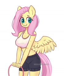 Size: 1213x1454 | Tagged: safe, artist:handgunboi, imported from derpibooru, fluttershy, anthro, pegasus, blushing, bra, bra strap, breasts, busty fluttershy, clothes, female, looking at you, pink bra, pink panties, shorts, simple background, smiling, solo, sports bra, sports shorts, spread wings, sweat, underwear, white background, wings