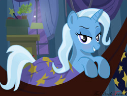 Size: 1600x1200 | Tagged: safe, artist:thedarktercio, imported from derpibooru, trixie, pony, unicorn, bedroom, bedroom eyes, cute, diatrixes, female, looking at you, mare, smiling, smiling at you, solo, wand